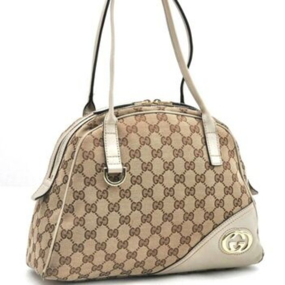 GUCCI Bowler Hand Bag GG Canvas Leather Brown